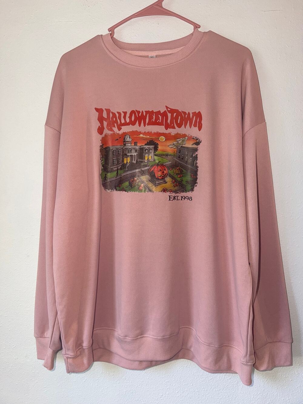 Pink Halloween Town Graphic Print Pullover Crewneck Halloween Sweatshirt Size XL